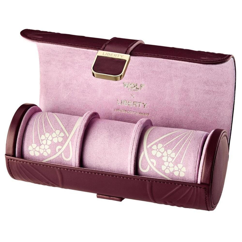 WOLF x Liberty Lanthe Triple Watch Roll in Burgundy Embossed Design, 381527